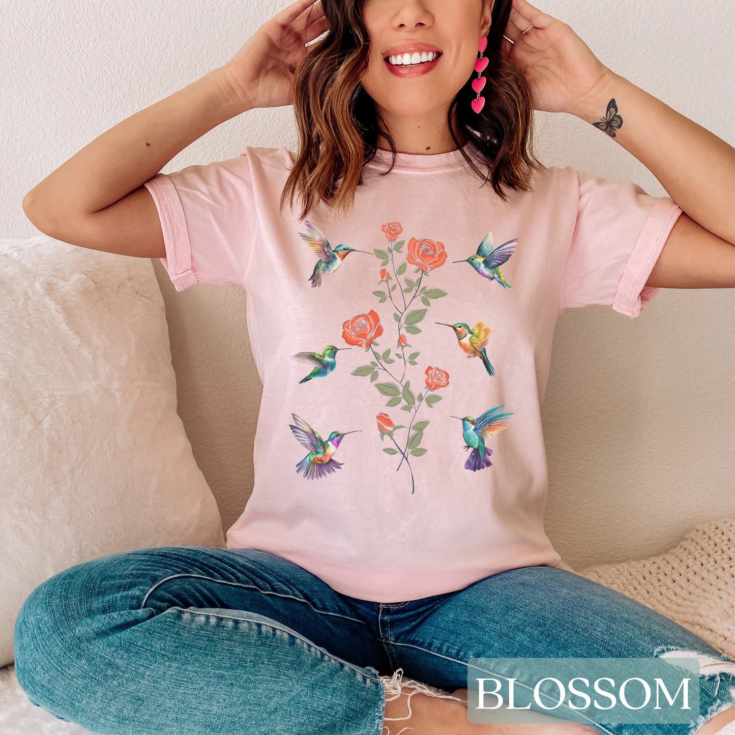 Hummingbird Shirt for Birthday Gift for Bird Lovers, Gift for Her, Humming bird Floral Design shirt, Bird Shirt Gift, Hummingbird Flowers