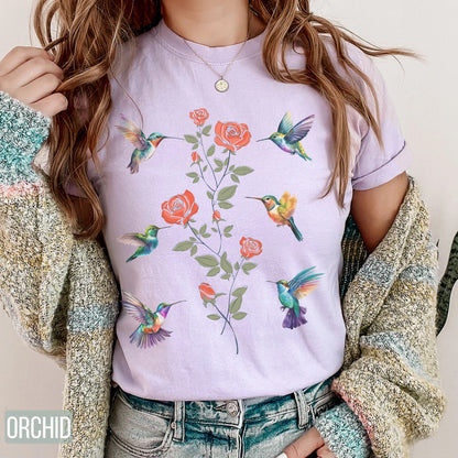 Hummingbird Shirt for Birthday Gift for Bird Lovers, Gift for Her, Humming bird Floral Design shirt, Bird Shirt Gift, Hummingbird Flowers