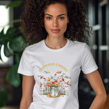 Grandmas Humming Birds Garden T-shirt Custom Grandkid Names Flower Filled Water Can Grandma T-Shirt Personalized Shirt Womens Shirt Trending