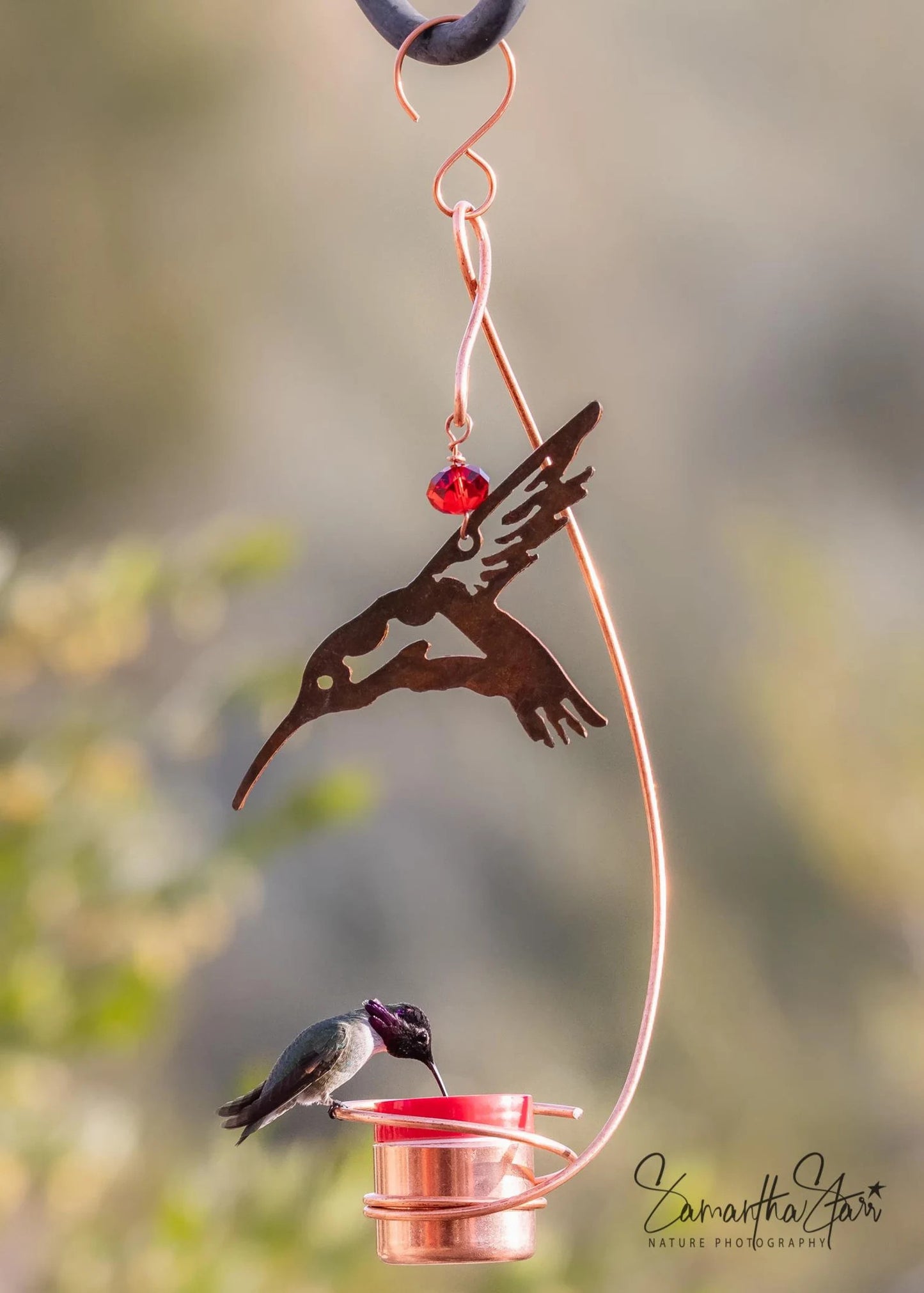 Bee-Proof, Drip-free Copper Hummingbird Feeder with Metal Hummingbird