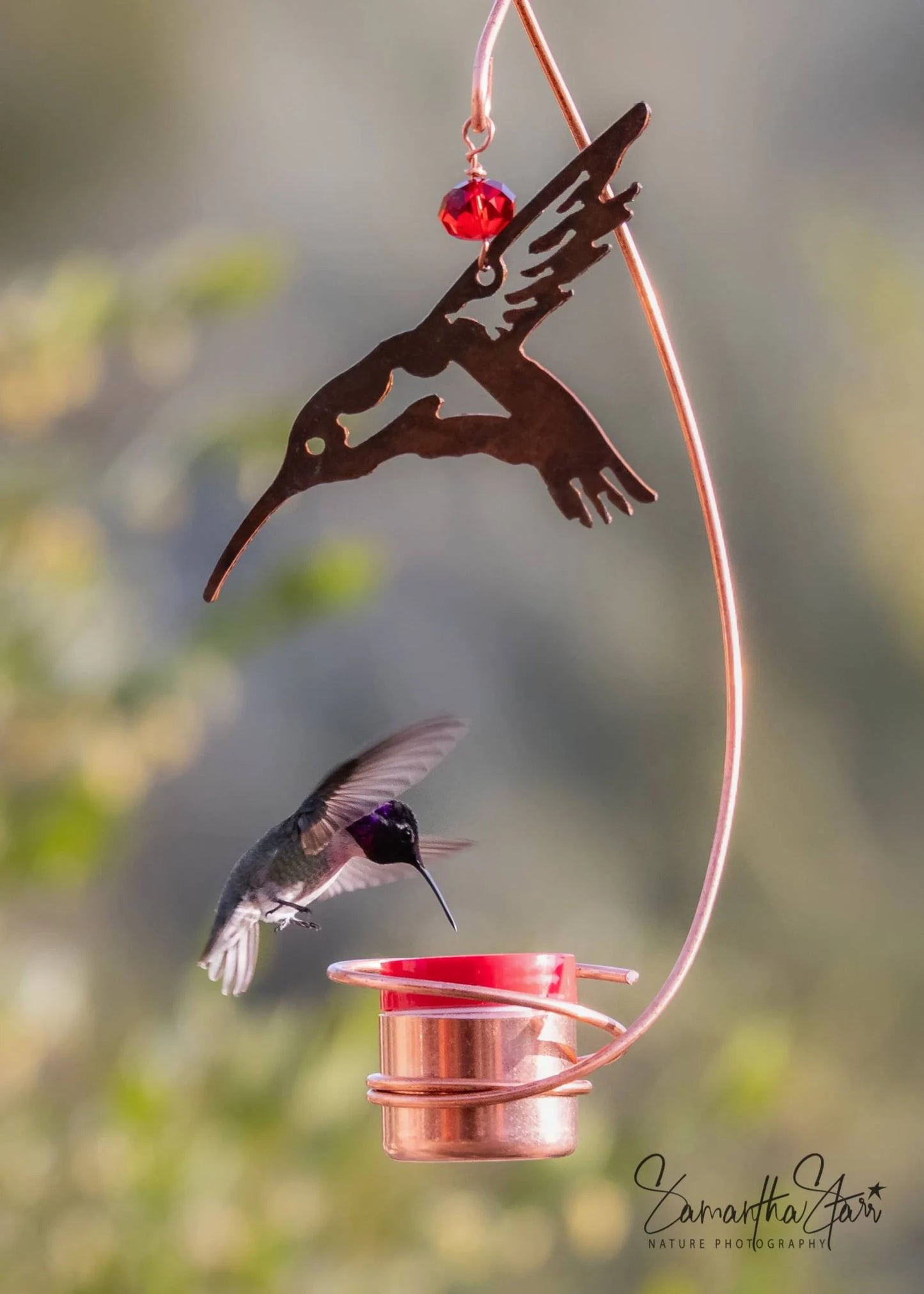 Bee-Proof, Drip-free Copper Hummingbird Feeder with Metal Hummingbird