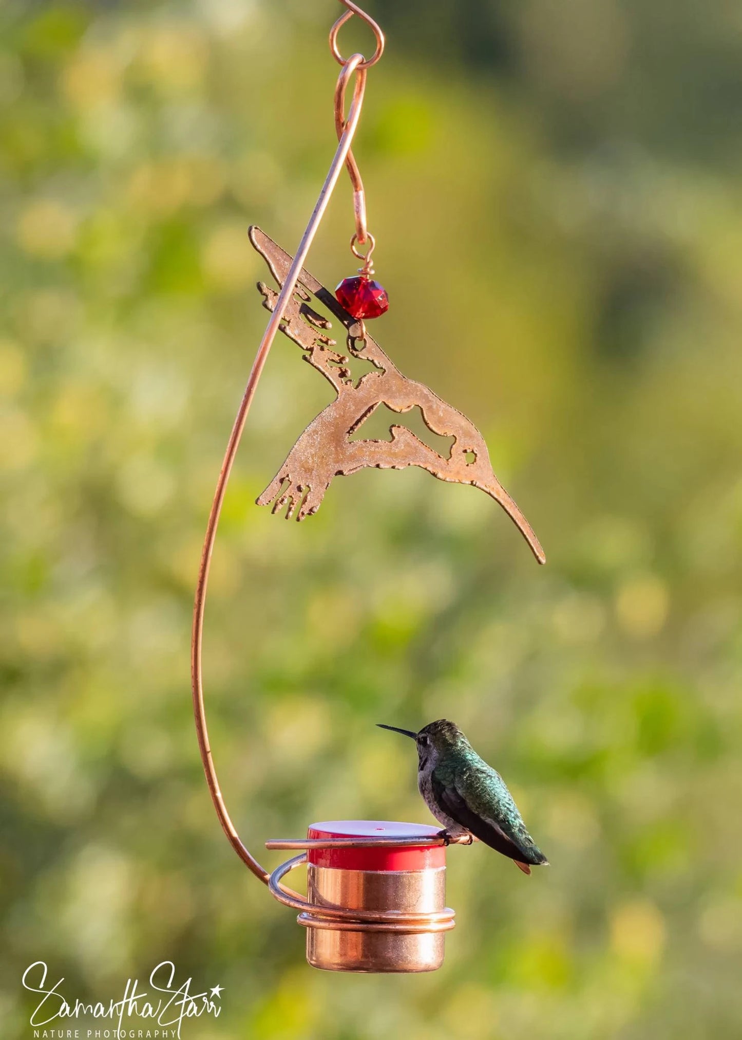 Bee-Proof, Drip-free Copper Hummingbird Feeder with Metal Hummingbird