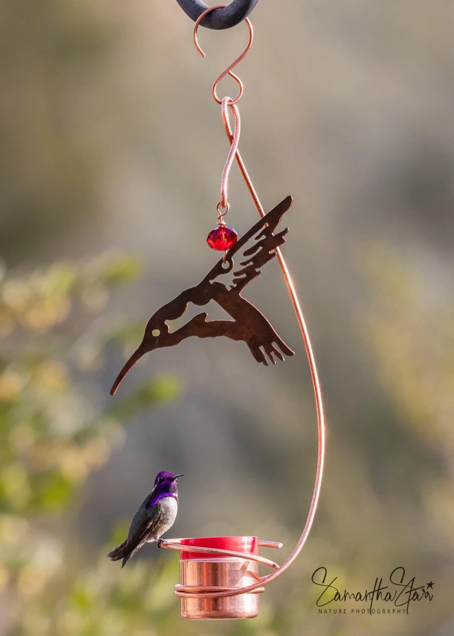 Bee-Proof, Drip-free Copper Hummingbird Feeder with Metal Hummingbird