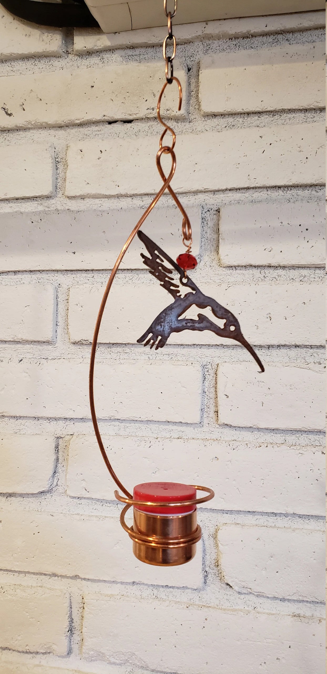 Bee-Proof, Drip-free Copper Hummingbird Feeder with Metal Hummingbird