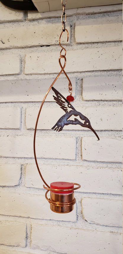 Bee-Proof, Drip-free Copper Hummingbird Feeder with Metal Hummingbird