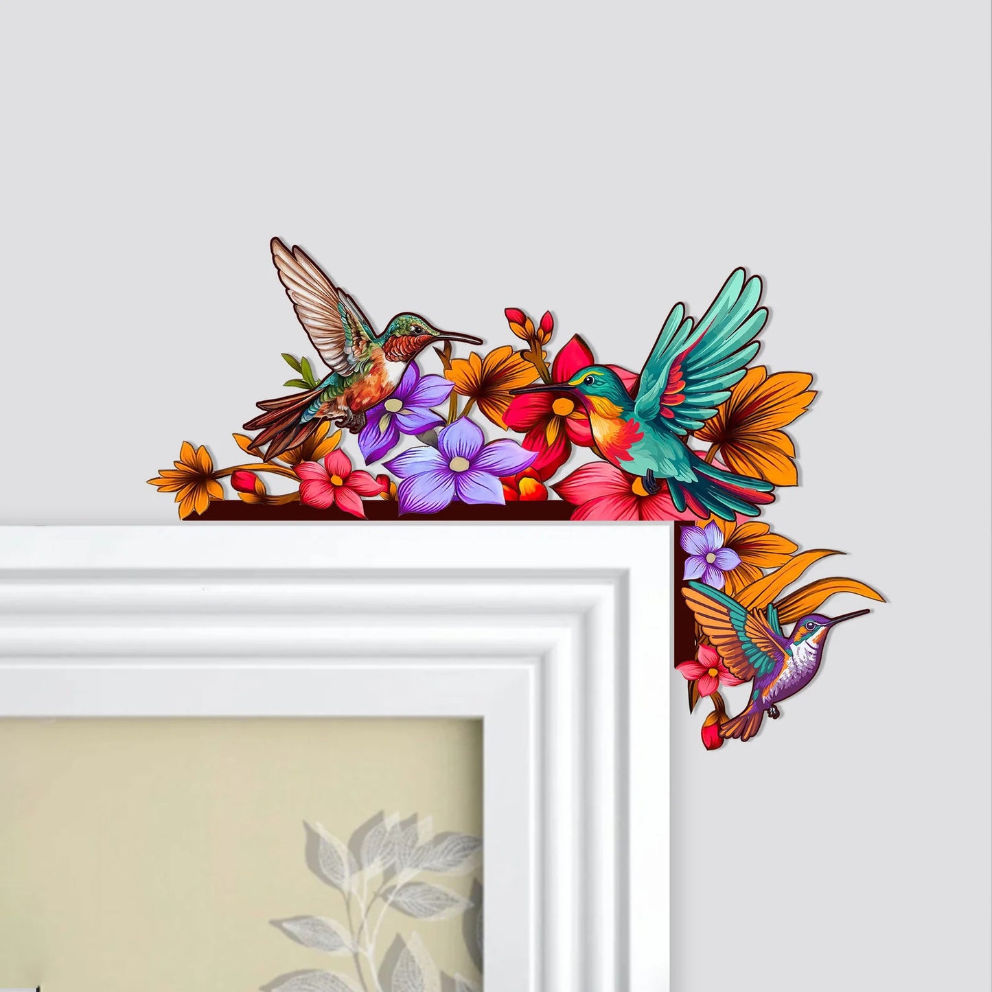 Panneau d’angle de porte en bois de colibri, topper de porte d’oiseaux, topper de garniture de porte de colibri, gardien de porte, art mural d’oiseau, décor de colibri