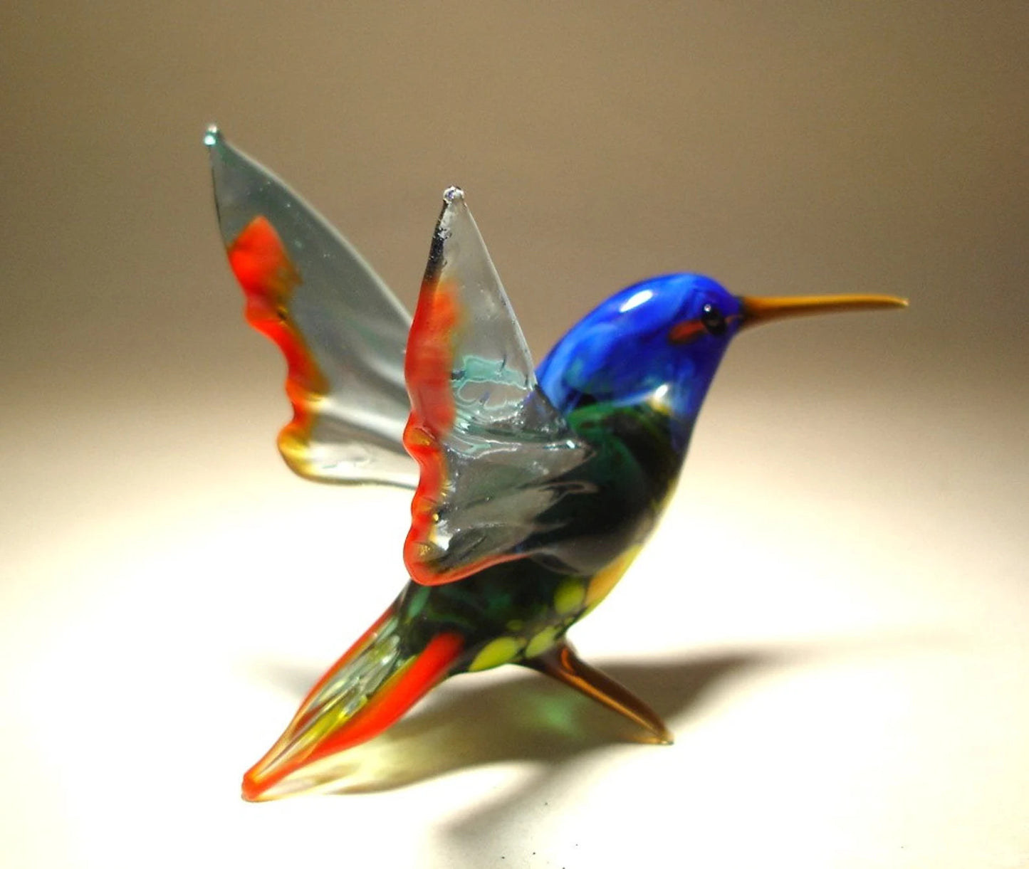 Figurine d'oiseau d'art en verre soufflé fait à la main avec une tête bleue, cadeau merveilleux