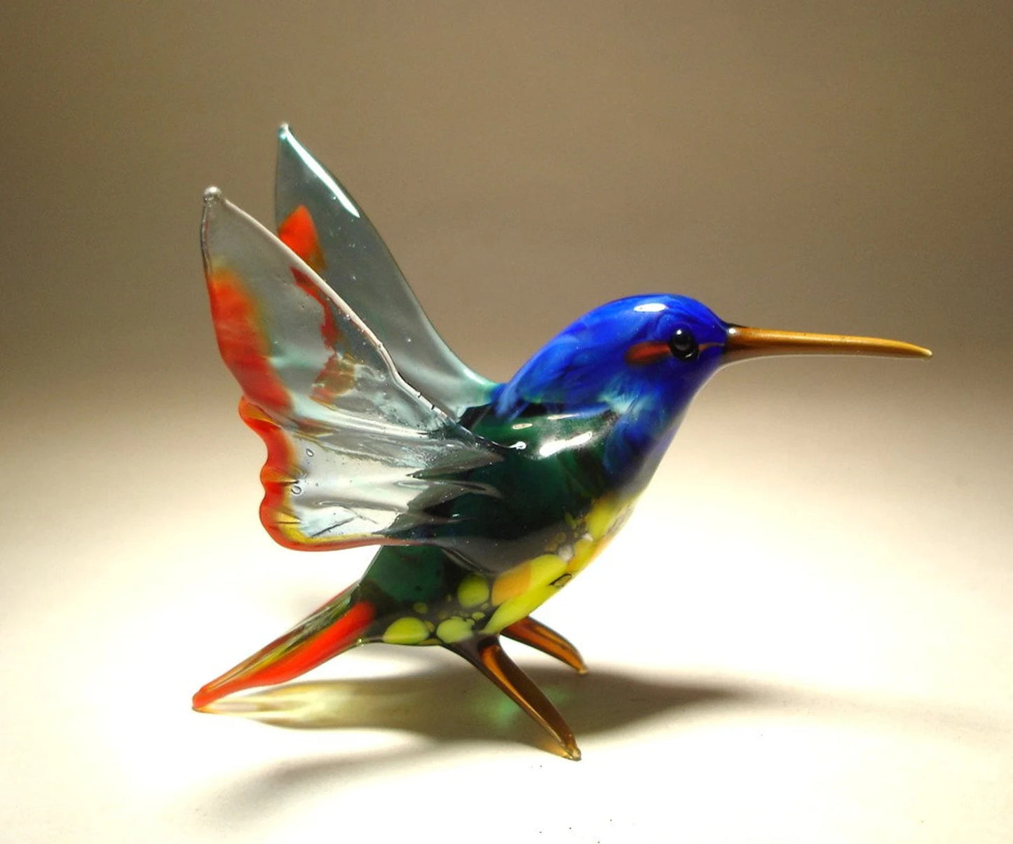 Figurine d'oiseau d'art en verre soufflé fait à la main avec une tête bleue, cadeau merveilleux