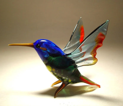 Figurine d'oiseau d'art en verre soufflé fait à la main avec une tête bleue, cadeau merveilleux