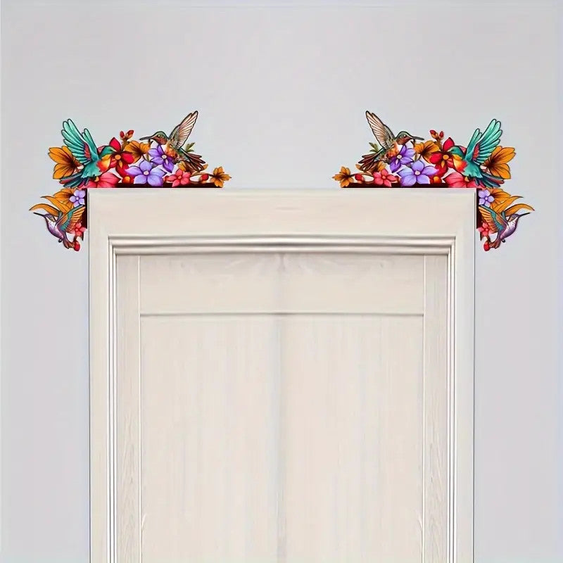 Panneau d’angle de porte en bois de colibri, topper de porte d’oiseaux, topper de garniture de porte de colibri, gardien de porte, art mural d’oiseau, décor de colibri