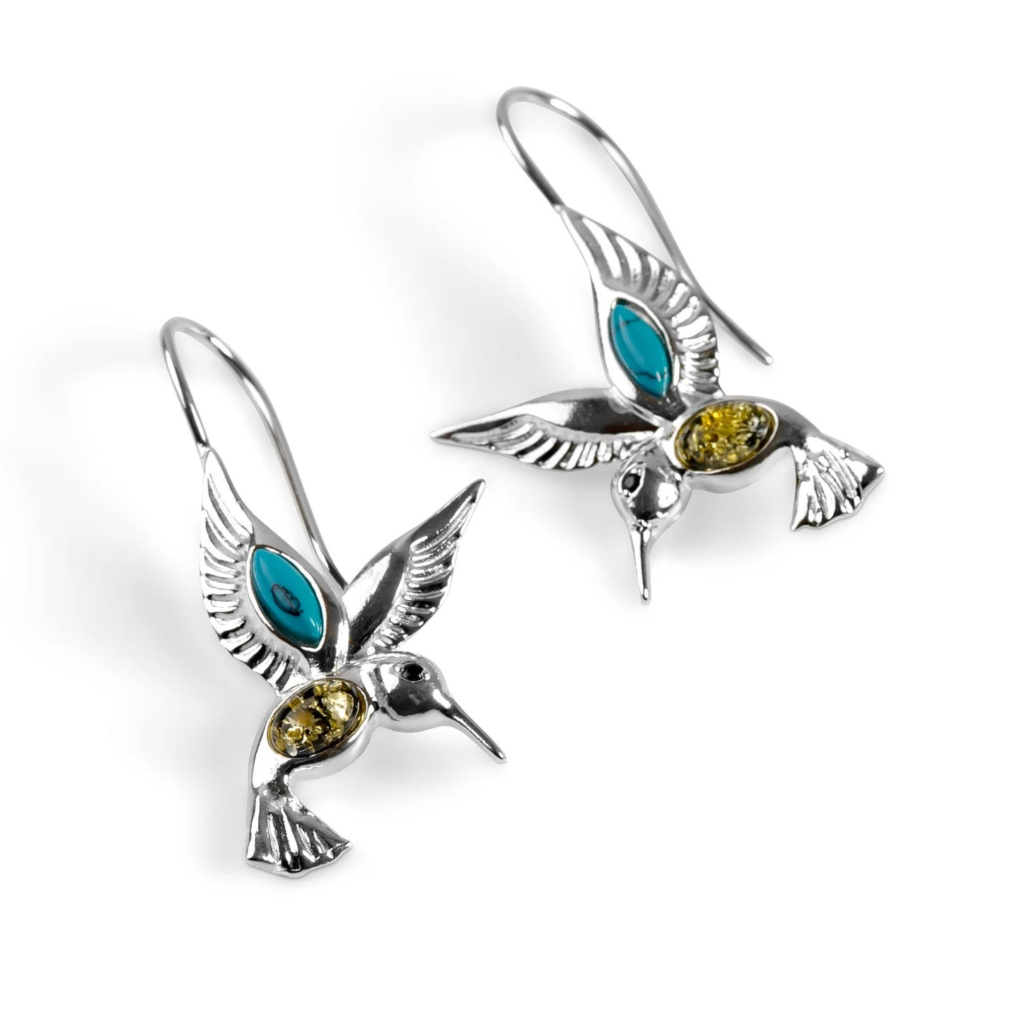 Sterling Silver Hummingbird Hook Earrings in Turquoise and Amber, Humming Bird Earrings, Statement Earrings, Southwest Style, Boho Earrings