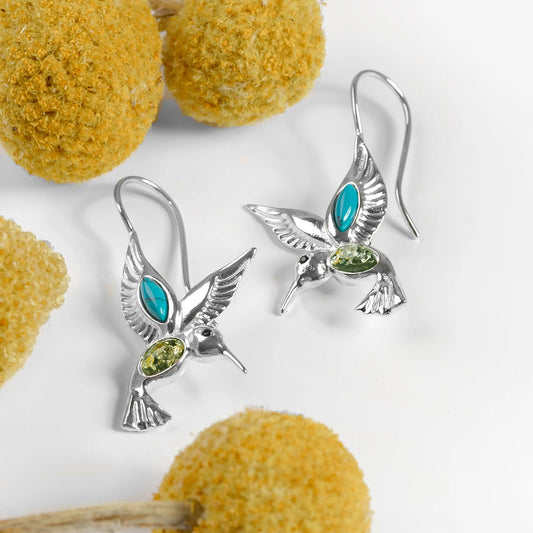 Sterling Silver Hummingbird Hook Earrings in Turquoise and Amber, Humming Bird Earrings, Statement Earrings, Southwest Style, Boho Earrings