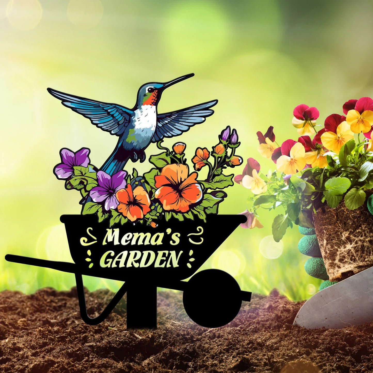 Personalisierter Kolibri Gartenstecker aus Metall, Vogel mit Pfählen Gartenschild, personalisiertes Gartennamensschild, Muttertagsgeschenk, Gartendekoration