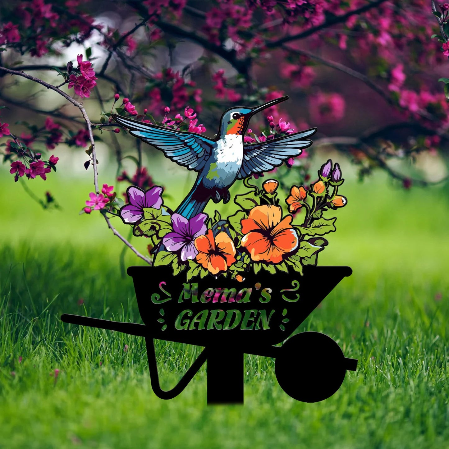 Pieu de jardin en métal colibri personnalisé, oiseau avec panneau de jardin à piquets, panneau de nom de jardin personnalisé, cadeau de la fête des mères, décor de jardin