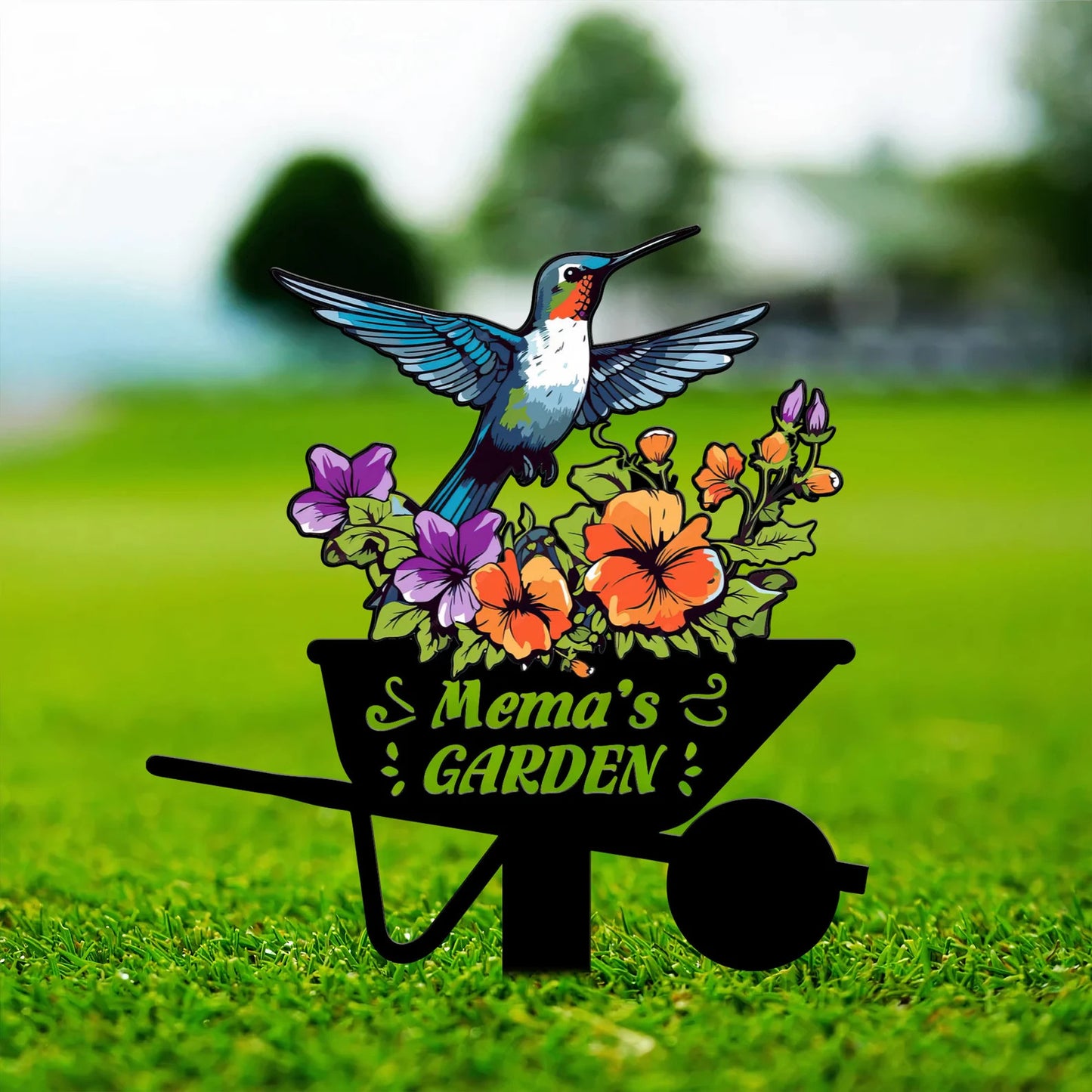 Pieu de jardin en métal colibri personnalisé, oiseau avec panneau de jardin à piquets, panneau de nom de jardin personnalisé, cadeau de la fête des mères, décor de jardin