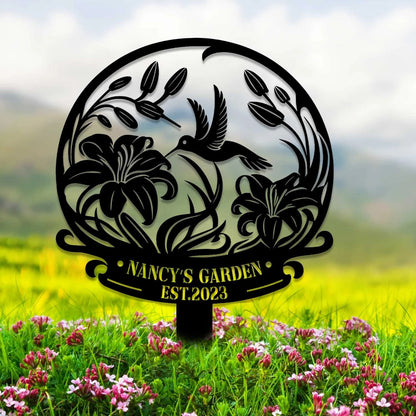 Personalisierter Kolibri Metallpfahl, Kolibri Schild, Gartendekoration, Metallkunst im Garten, Geschenk für Mama, Gartendekoration im Freien, Gartennamensschild