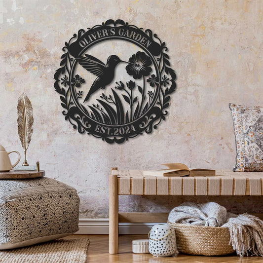 Art mural personnalisé de colibri, panneau de colibri en métal, décor de jardin de colibri, panneau de nom de jardin personnalisé, cadeau de fête des mères, décor de jardin