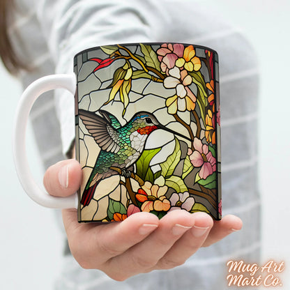 Hummingbird Stained Glass Mug | Bird Enthusiast Cup | Decorative Hummingbird Coffee Mug Gift