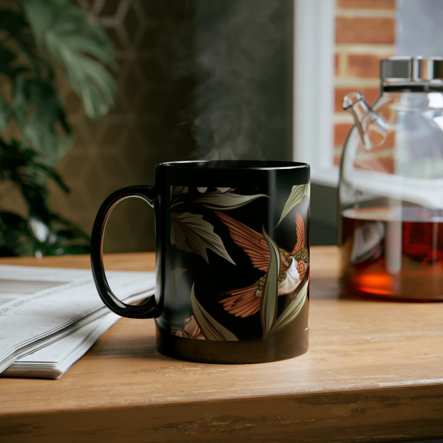 Nature inspired ceramic mug, vibrant hummingbird and flower design, making it the perfect garden themed coffee cup for her, gift for mom