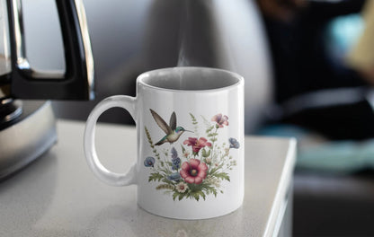 Hummingbird with Flowers Mug for Coffee Floral Tea Cup Flower Lover Gift Vintage Floral Art Mug Boho Botanical Mug Garden Lover Gift for Her