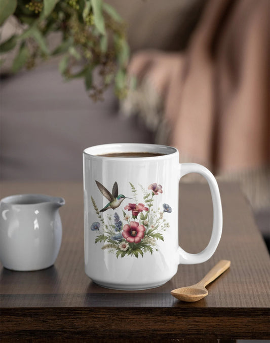 Hummingbird with Flowers Mug for Coffee Floral Tea Cup Flower Lover Gift Vintage Floral Art Mug Boho Botanical Mug Garden Lover Gift for Her